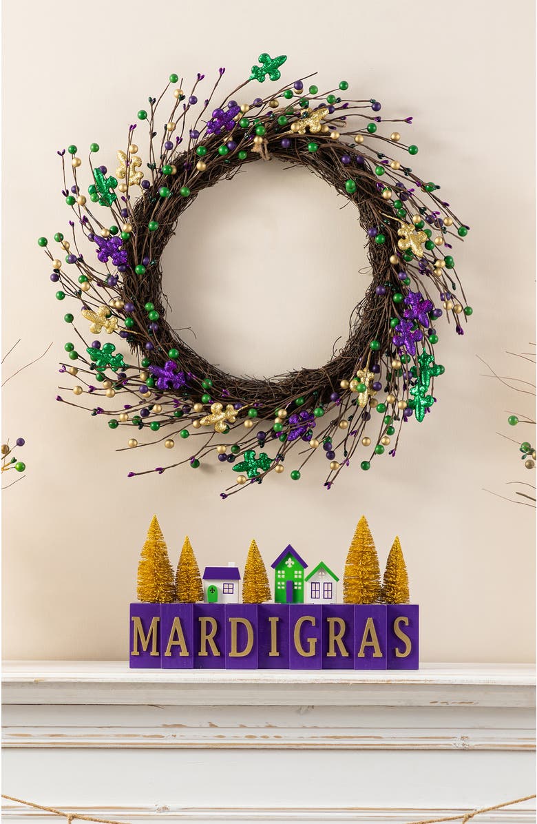Glitzhome 20"D Mardi Gras Berry & Fleur-de-Lis Wreath, Alternate, color, Purple