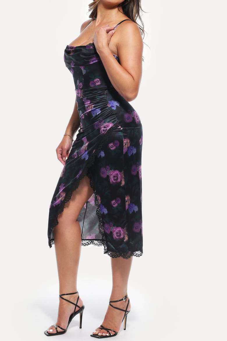 Resort-Ready Lace Trim Sculpting Floral-Print Midi Shaper Dress, Alternate, color, Nocturne Floral