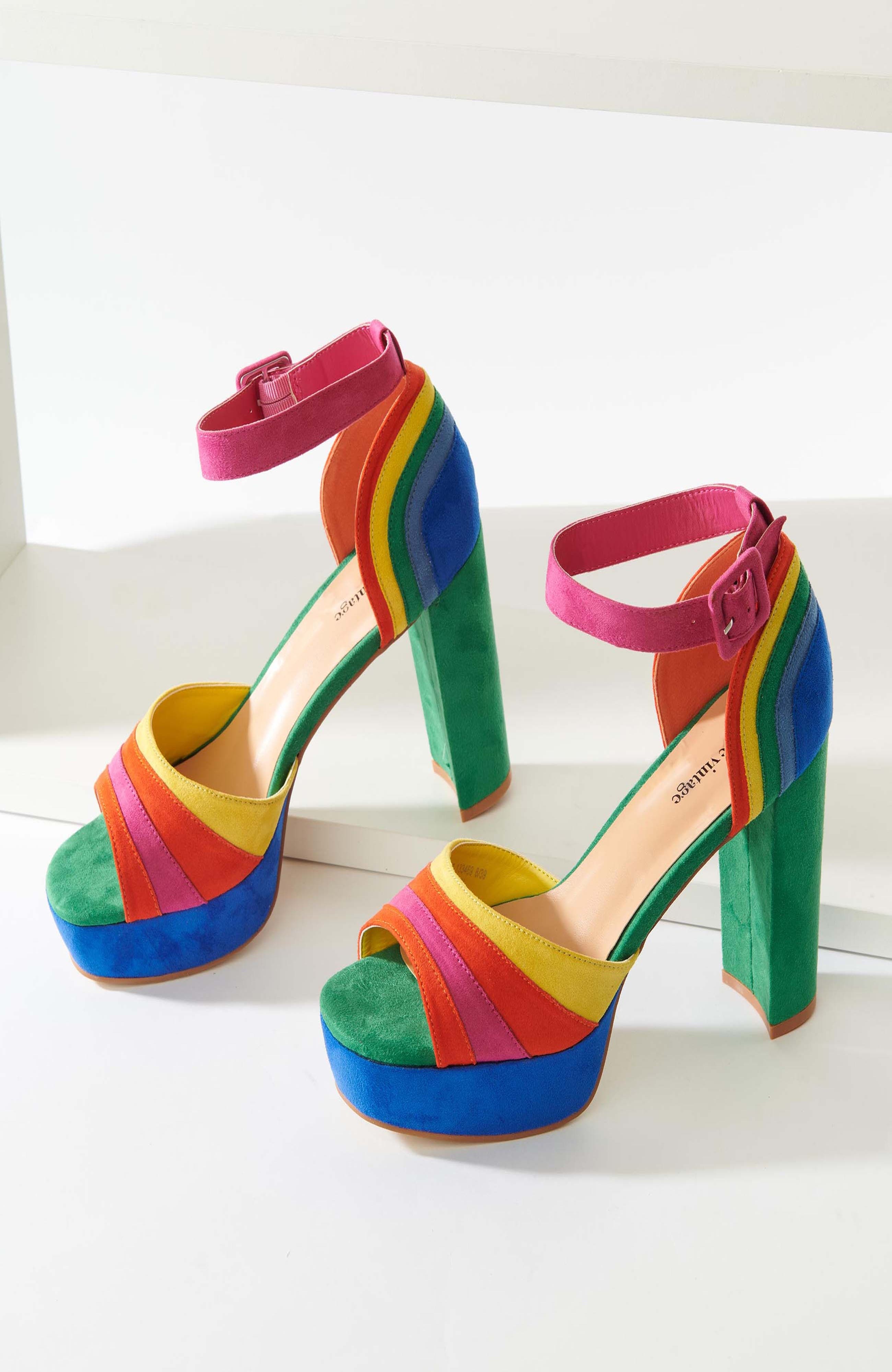 Unique Vintage Peep Toe Platform Heels, Alternate, color, Rainbow Stripes