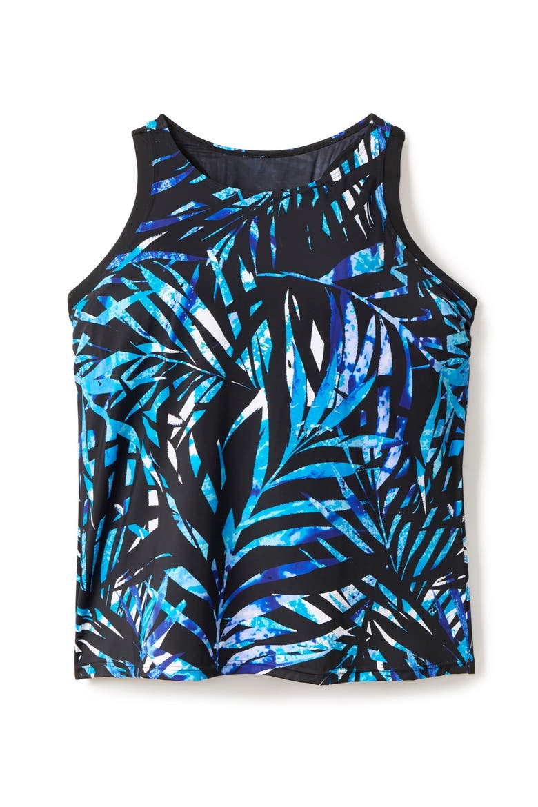 Longer-Length Racerback Tankini Top, Alternate, color, BLUE PAINTERLY LEAVES