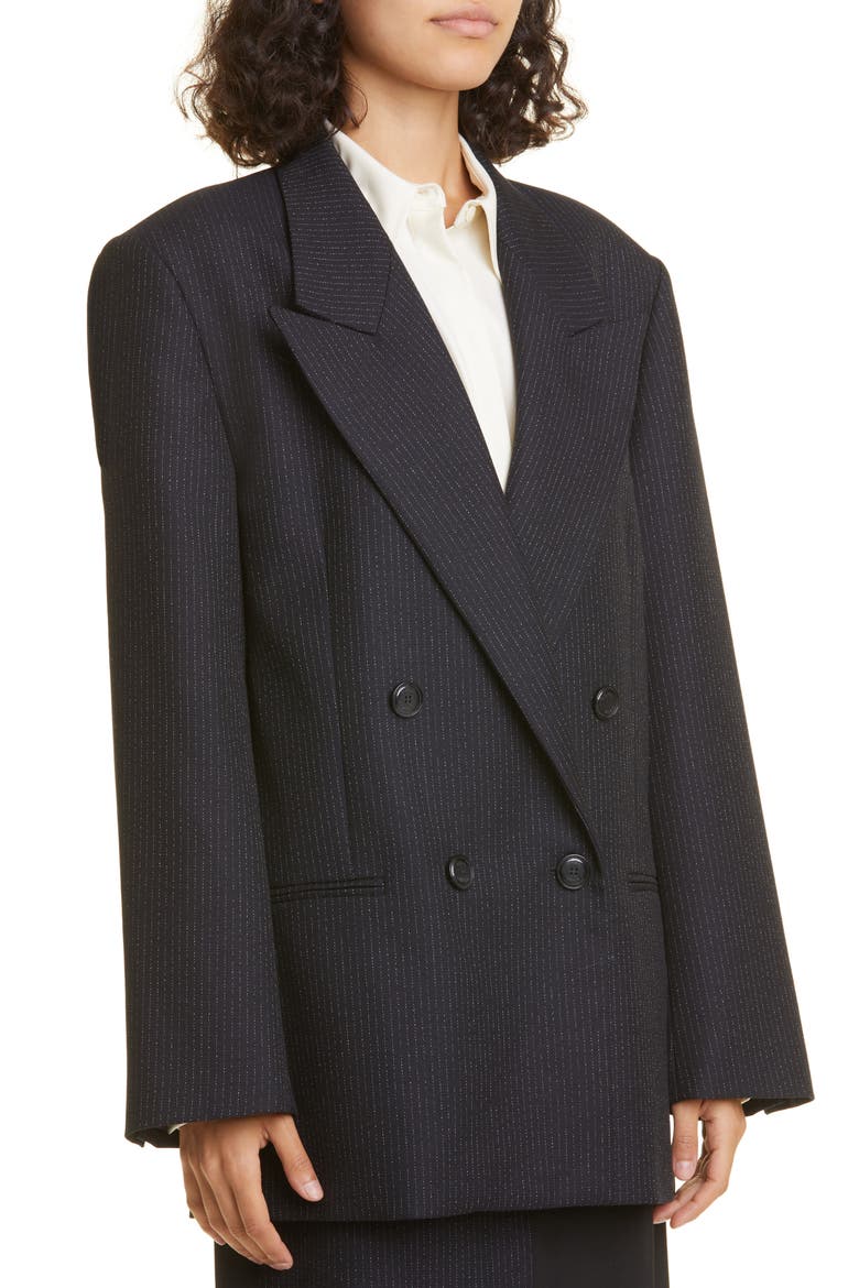Pinstripe Double Breasted Virgin Wool Blend Blazer, Alternate, color, NAVY PINSTRIPE