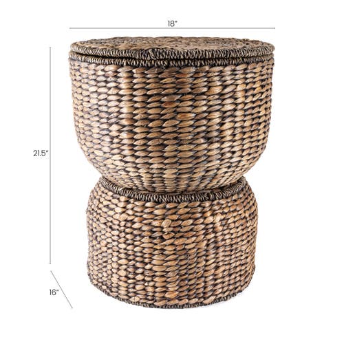 Happimess Bhola Hourglass Handwoven Hyacinth Storage Accent Table With Lid In Brown Wash
