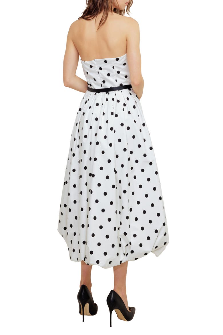 Polka Dot Pleated Strapless Belted Bubble Hem Cotton Midi Dress, Alternate, color, WHITE