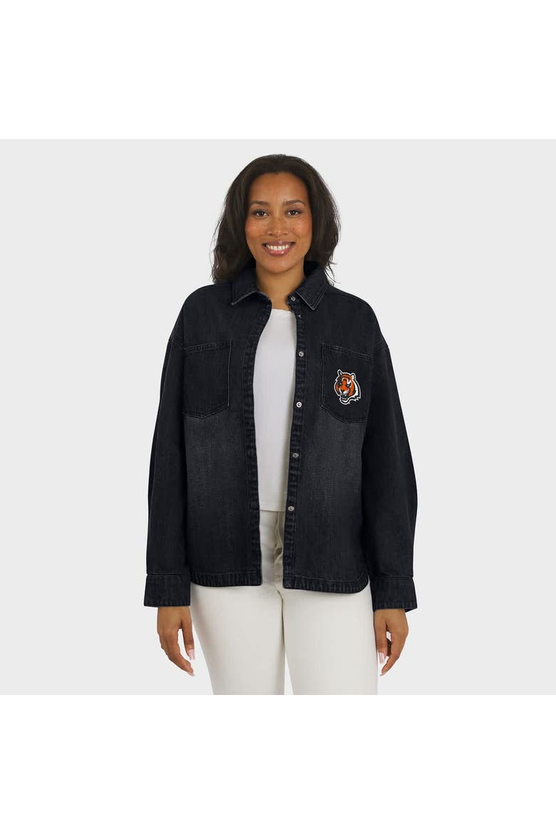 Women's WEAR by Erin Andrews Black Cincinnati Bengals Washed Oversized Denim Full-Snap Shacket, Alternate, color, Black