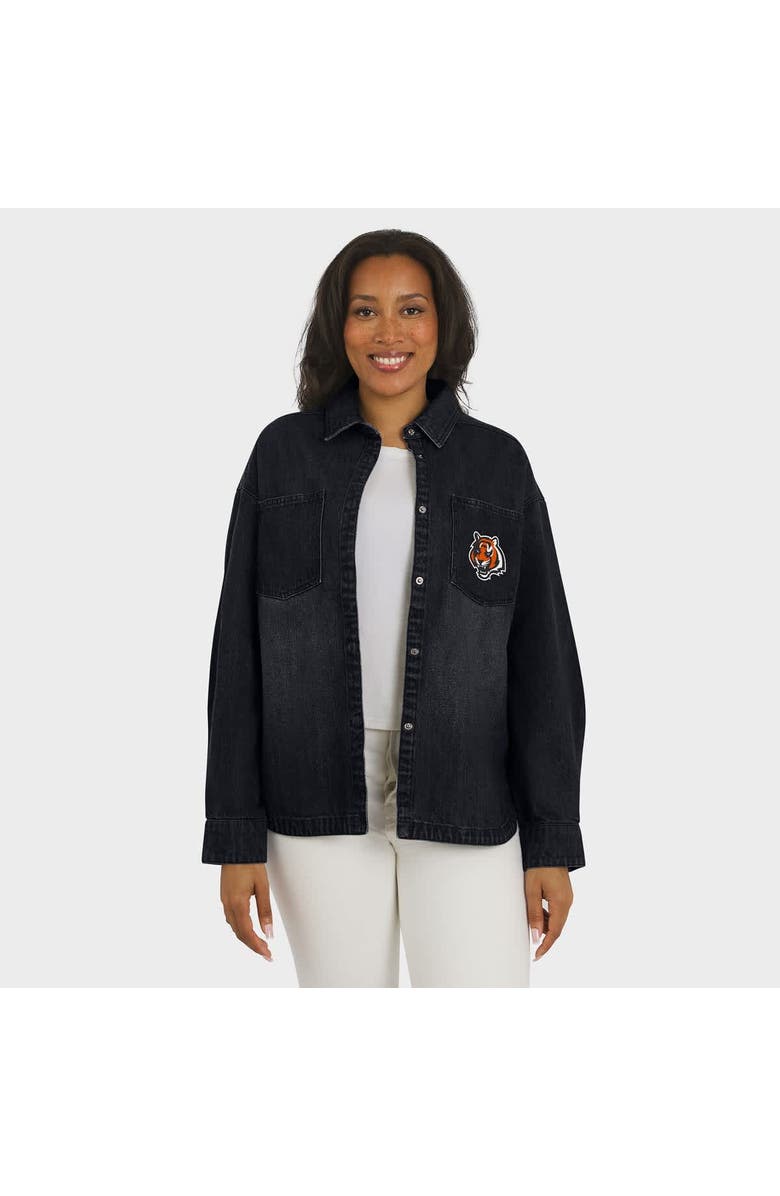 WEAR by Erin Andrews Women's WEAR by Erin Andrews Black Cincinnati Bengals Washed Oversized Denim Full-Snap Shacket, Alternate, color, Black