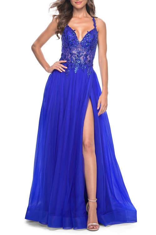 La Femme Tulle A-line Gown With Sheer And Beaded Lace Detail In Royal Blue