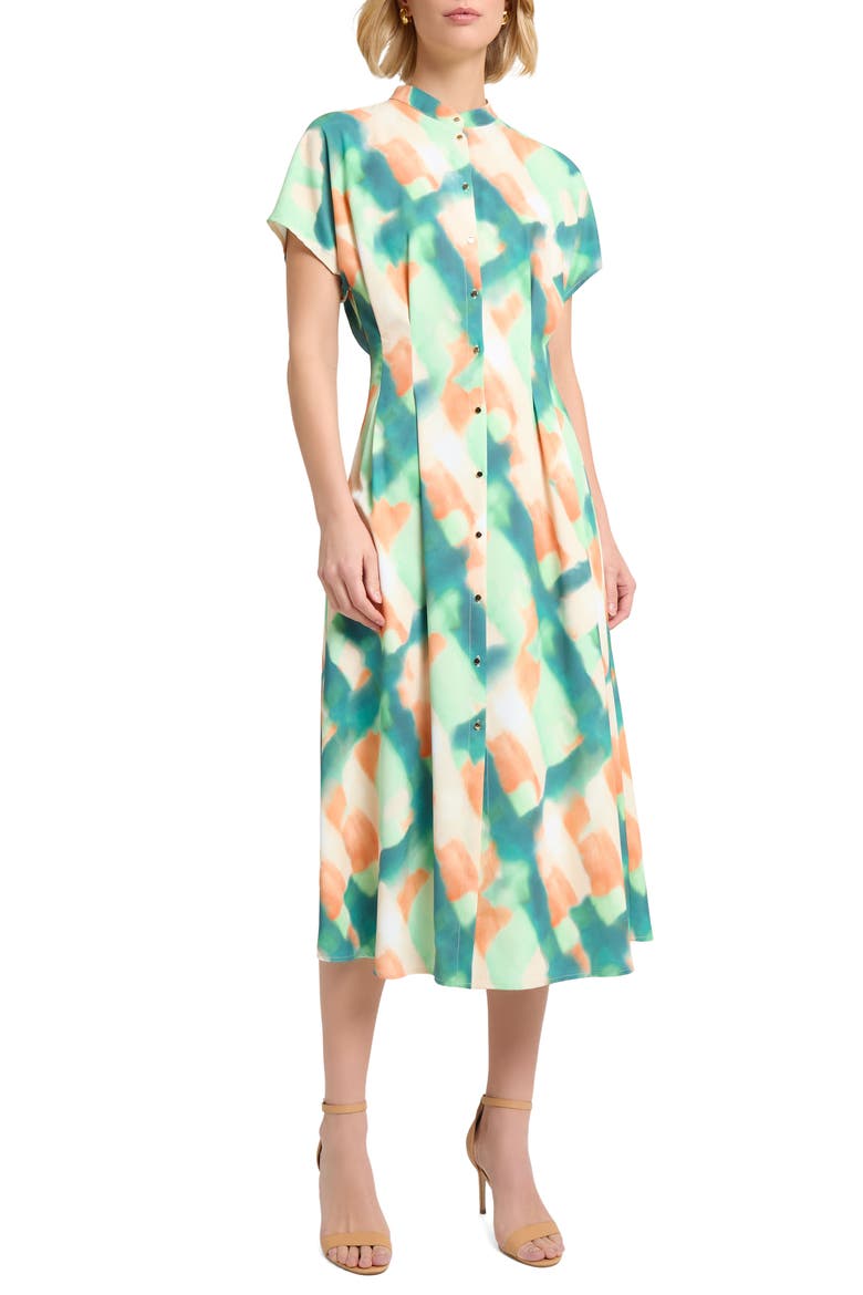 Fit & Flare Crêpe de Chine Midi Dress, Main, color, GREEN MULTI