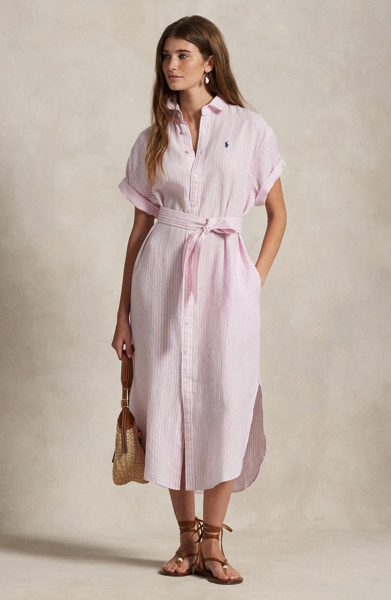 Polo Ralph Lauren Belted Linen Shirtdress, Alternate, color, White/ Pink