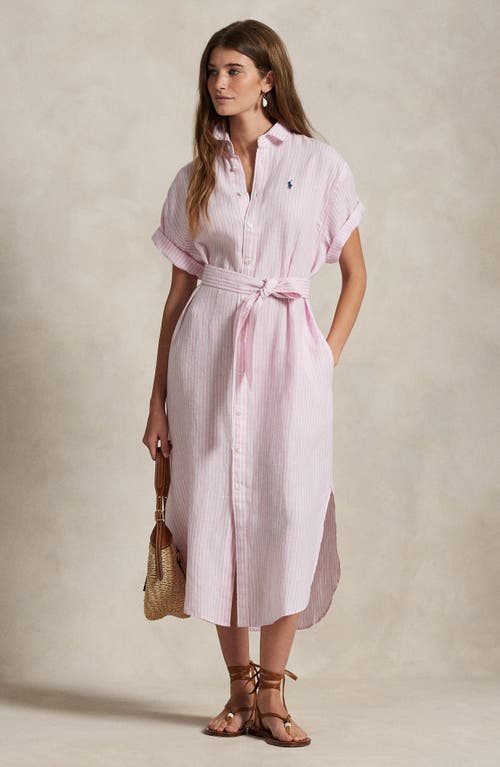 Polo Ralph Lauren Belted Linen Shirtdress In White/pink