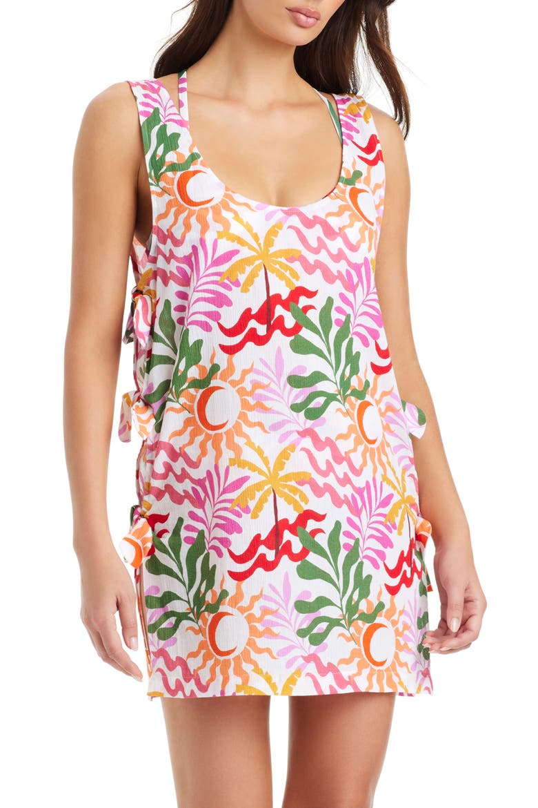 Side Tie Cover-Up Minidress, Main, color, WHITE MULTI