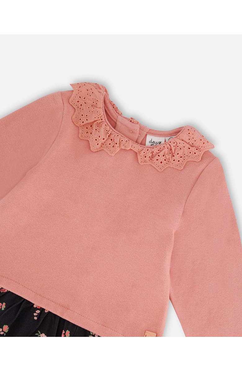 Deux par Deux Little Girl's Bi-Material Dress With Eyelet Collar Light Pink Printed Flowers, Alternate, color, 