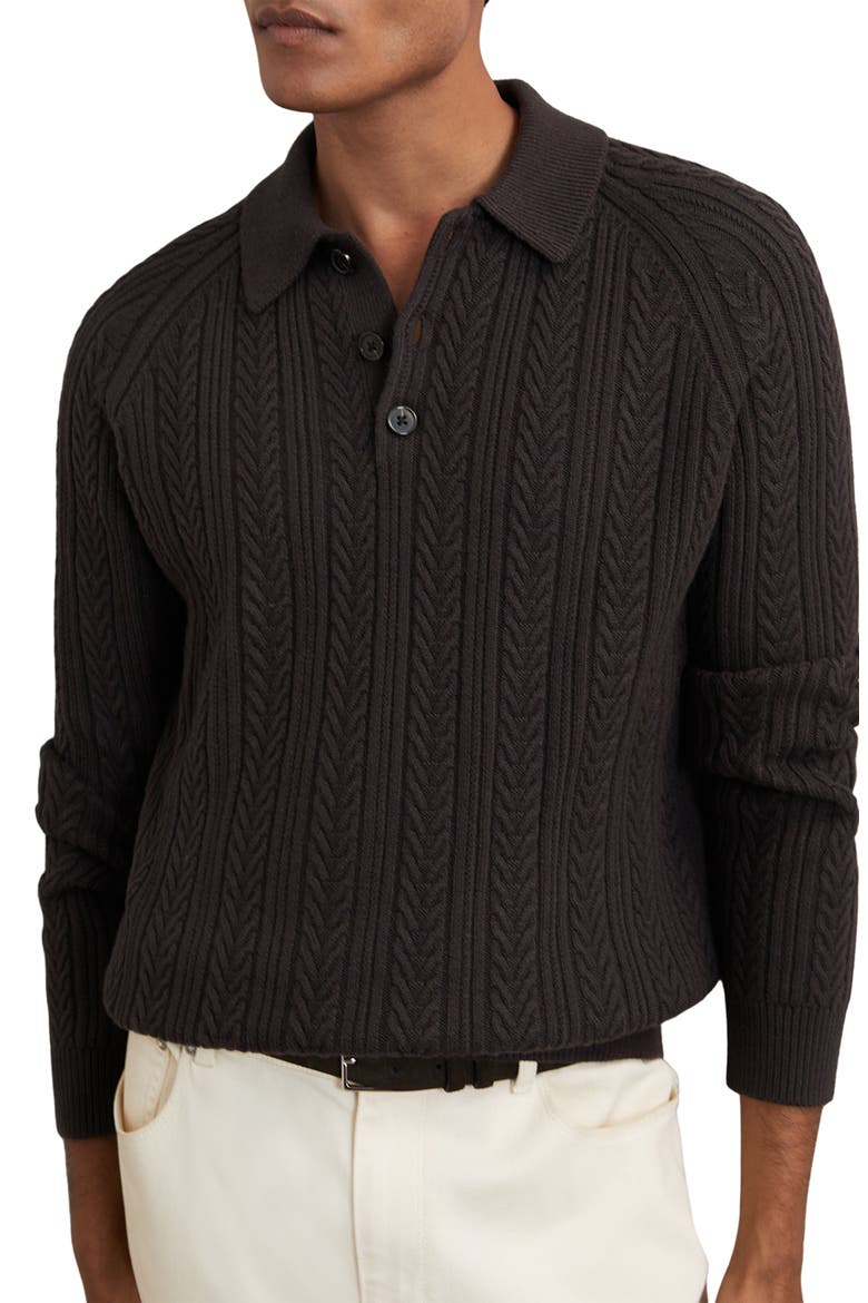 Evesham Cable Stitch Polo Sweater, Alternate, color, CHOCOLATE BROWN