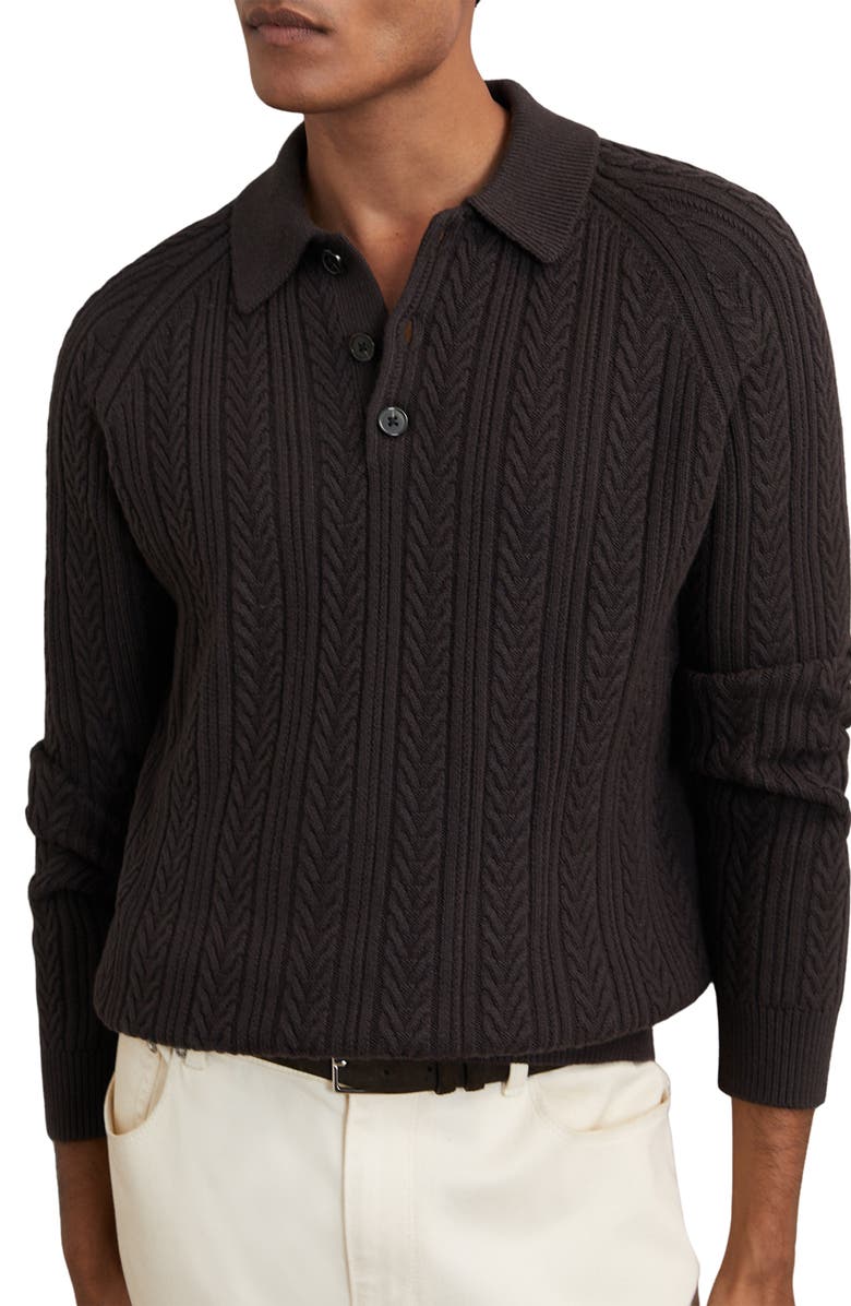 Reiss Evesham Cable Stitch Polo Sweater, Alternate, color, Chocolate Brown