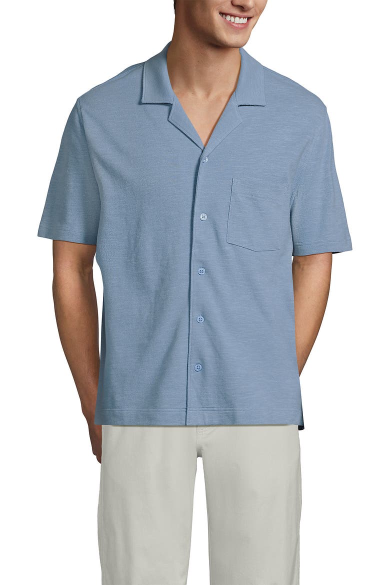 Short Sleeve Cotton Linen Button Through Camp Collar Shirt, Alternate, color, Oasis Blue