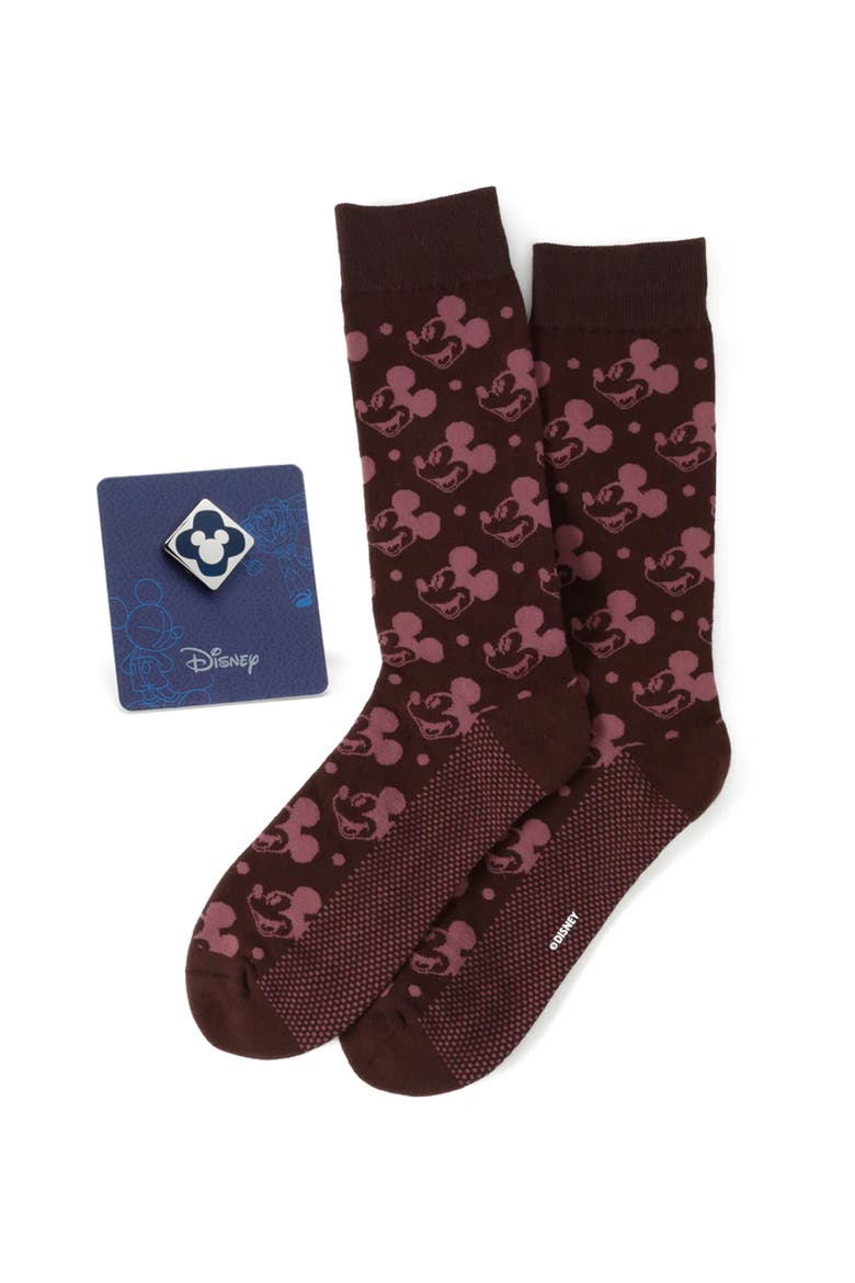 Mickey Mouse Polka Dot Socks & Lapel Pin Gift Set, Main, color, BROWN MULTI