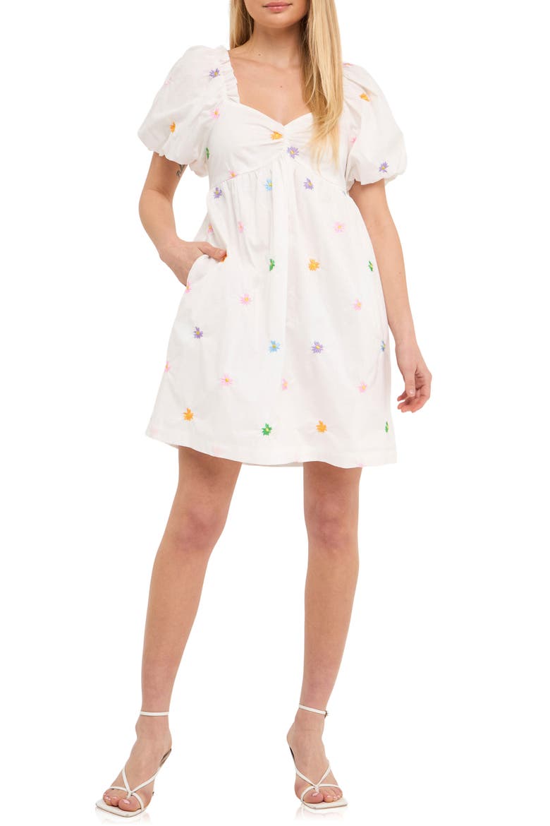 Floral Embroidery Babydoll Dress, Main, color, WHITE