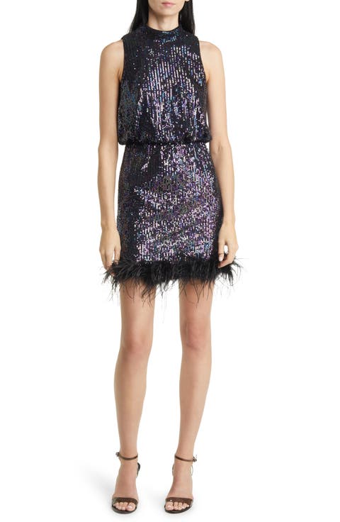 Feather Trim Sequin Blouson Minidress