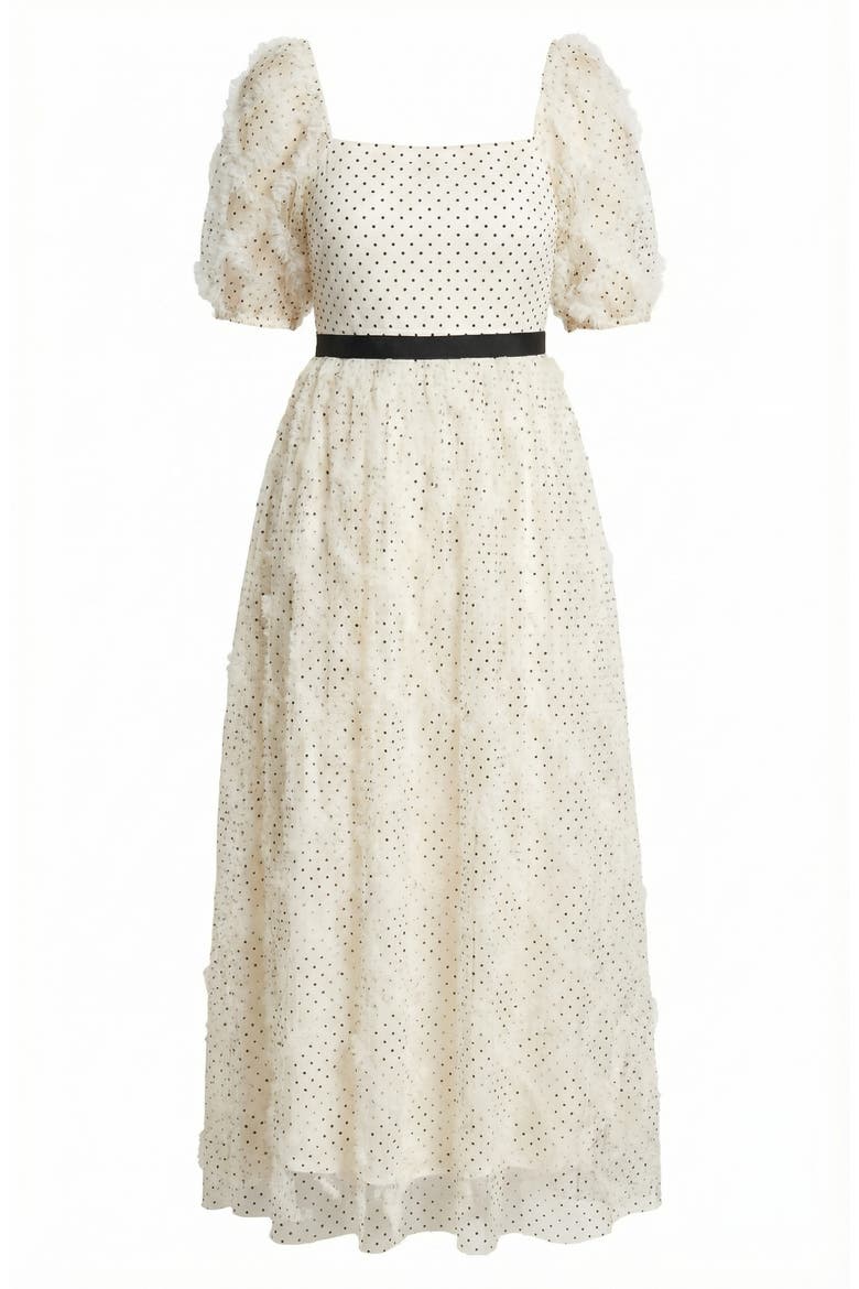 Embroidered Puff Sleeve Square-Neck Midi Dress, Alternate, color, Ivory