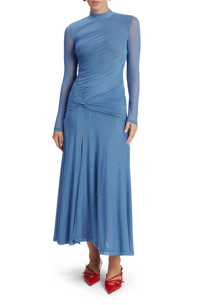 Bardot Lyana Ruched Long Sleeve Mesh Dress, Main, color, Dusty Blue