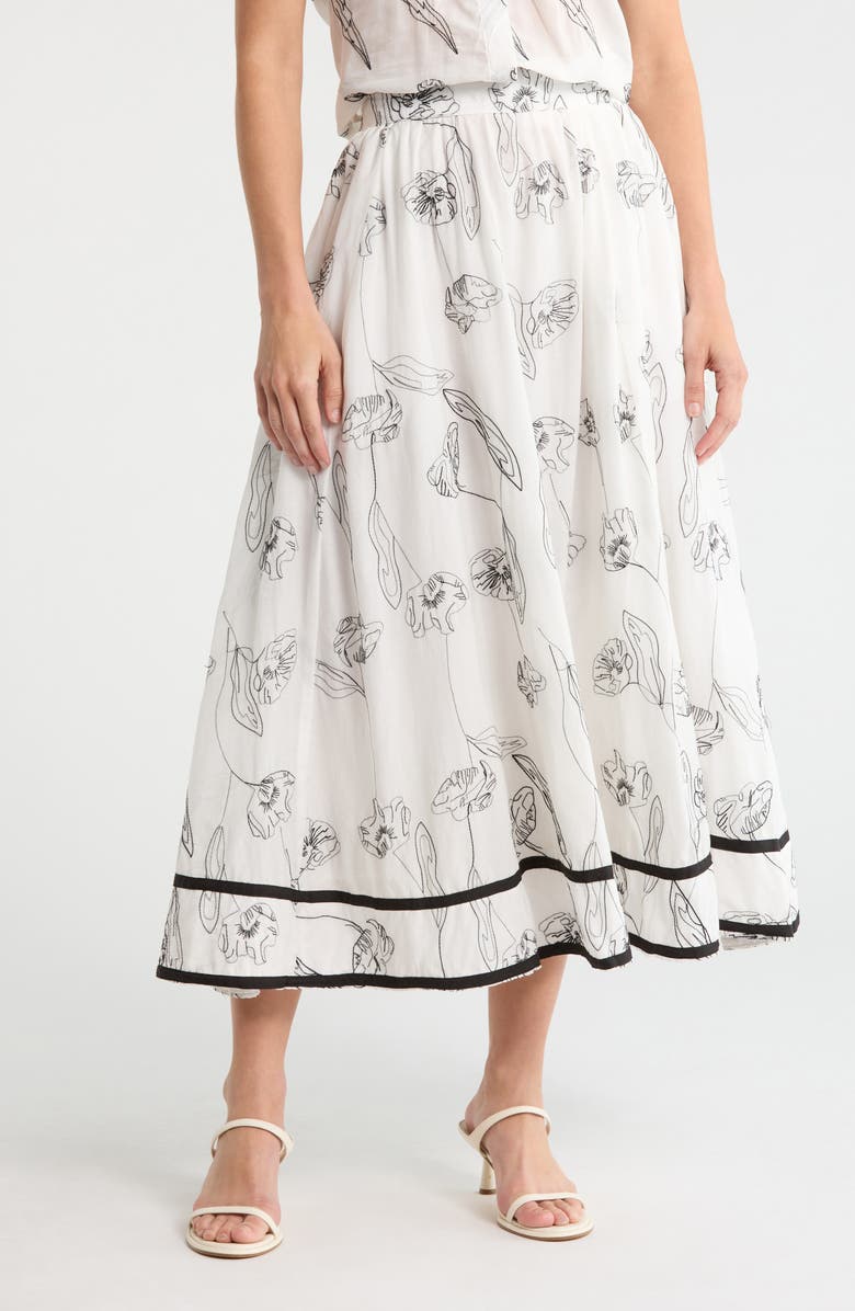ELIE ELIE TAHARI Tulip Embroidered Skirt, Main, color, Black Embroidery/ White Ground