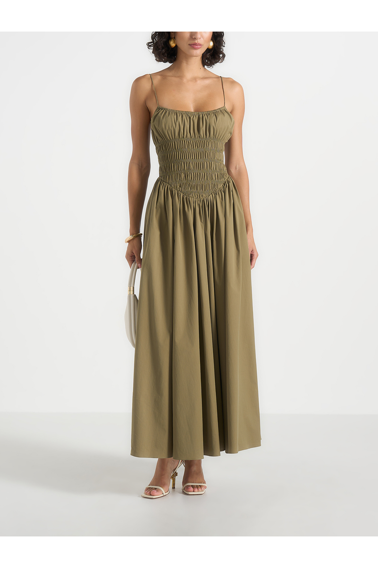 Elva Smocked Waist Cotton Maxi Dress, Main, color, Khaki
