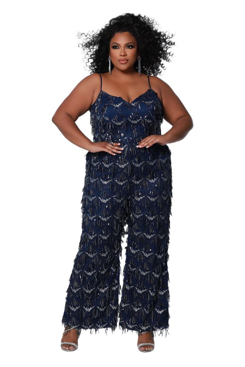 Spaghetti Strap Sequin fringe Plus Size Jumpsuit, Main, color, Navy