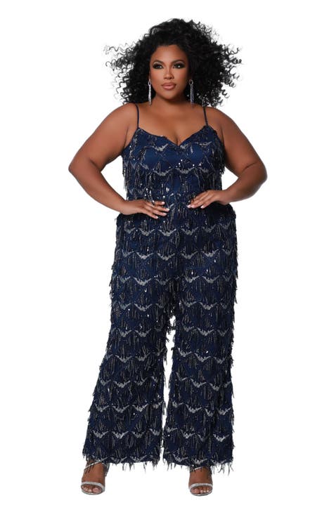 Spaghetti Strap Sequin fringe Plus Size Jumpsuit