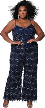 Sydney's Closet Spaghetti Strap Sequin fringe Plus Size Jumpsuit