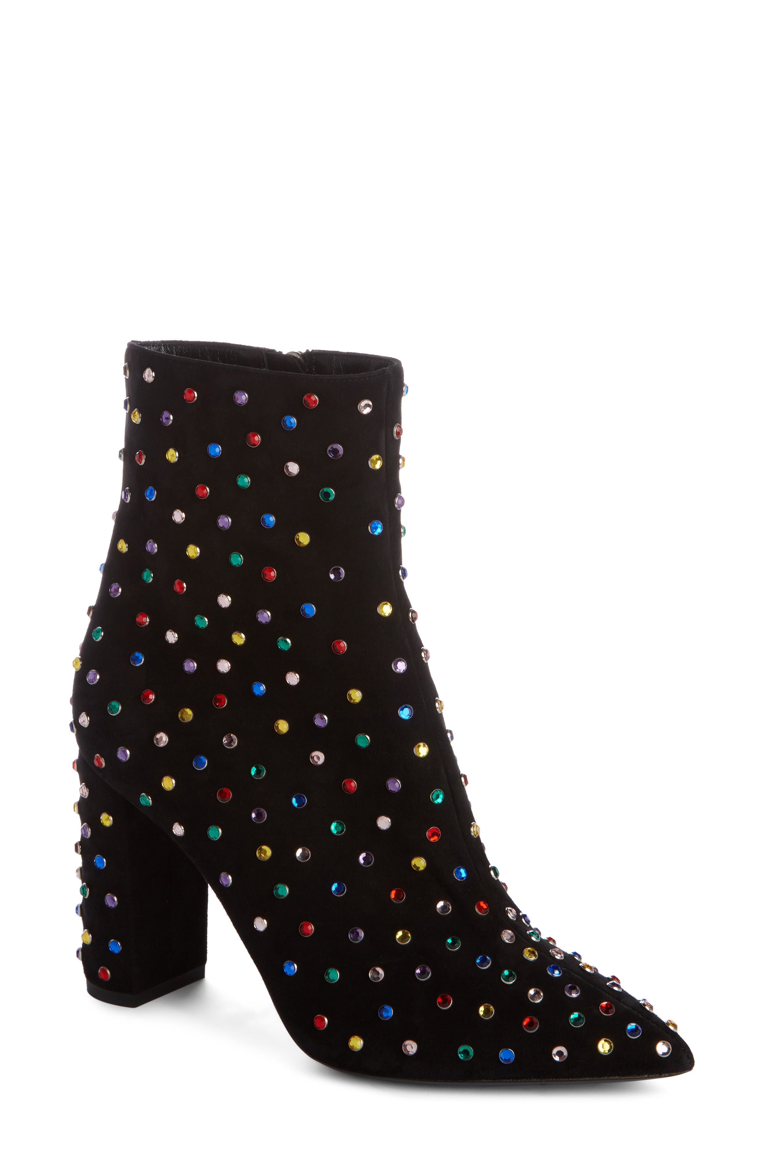 Betty Crystal Stud Pointy Toe Bootie, Main, color, BLACK
