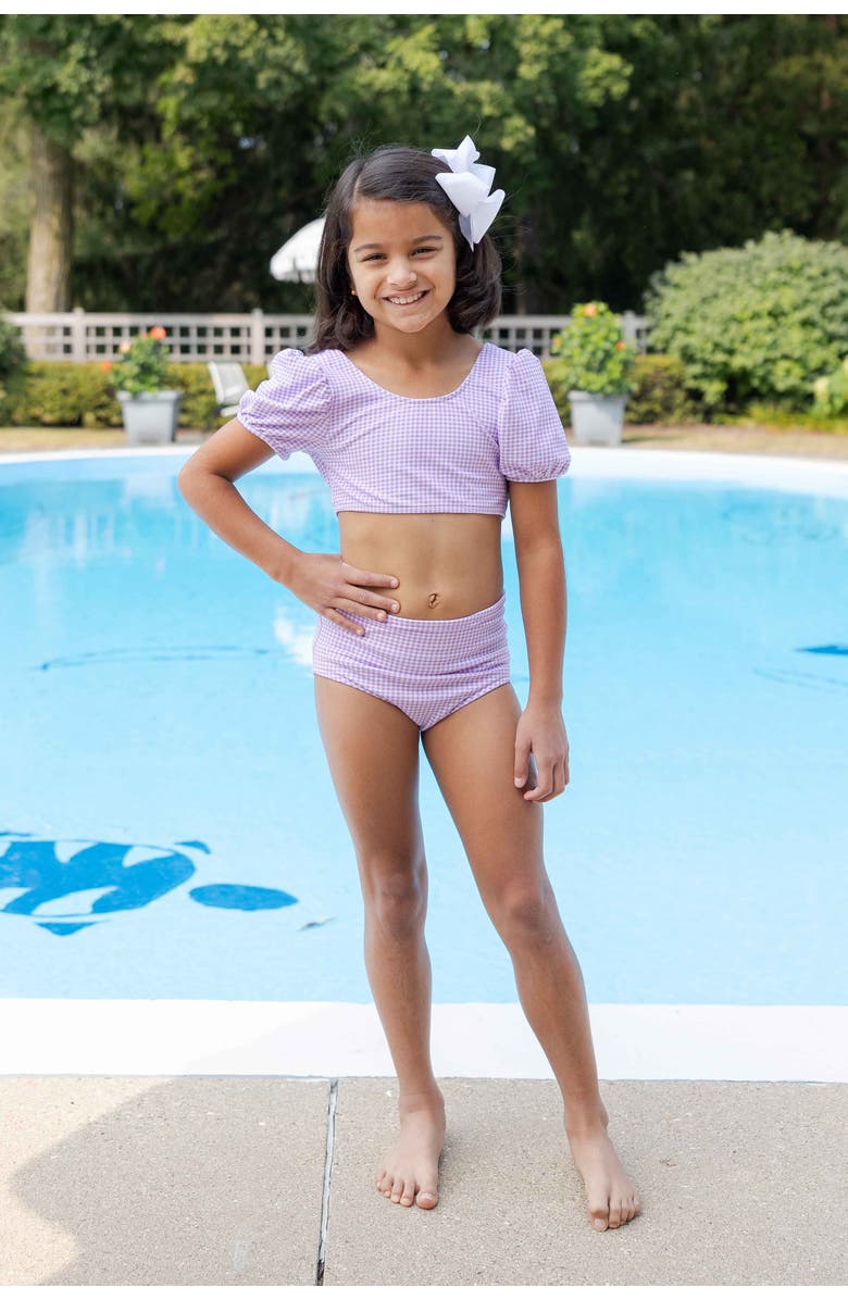 Florence Eiseman Gingham Puff Sleeve Bikini, Alternate, color, Lavender / White