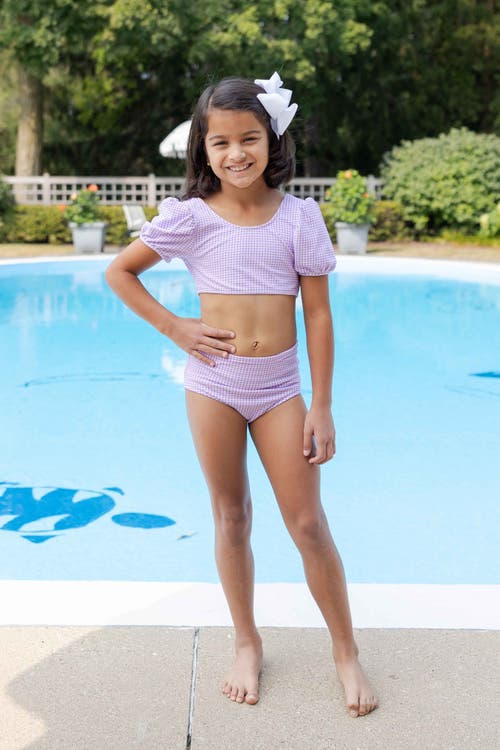 Florence Eiseman Gingham Puff Sleeve Bikini In Purple