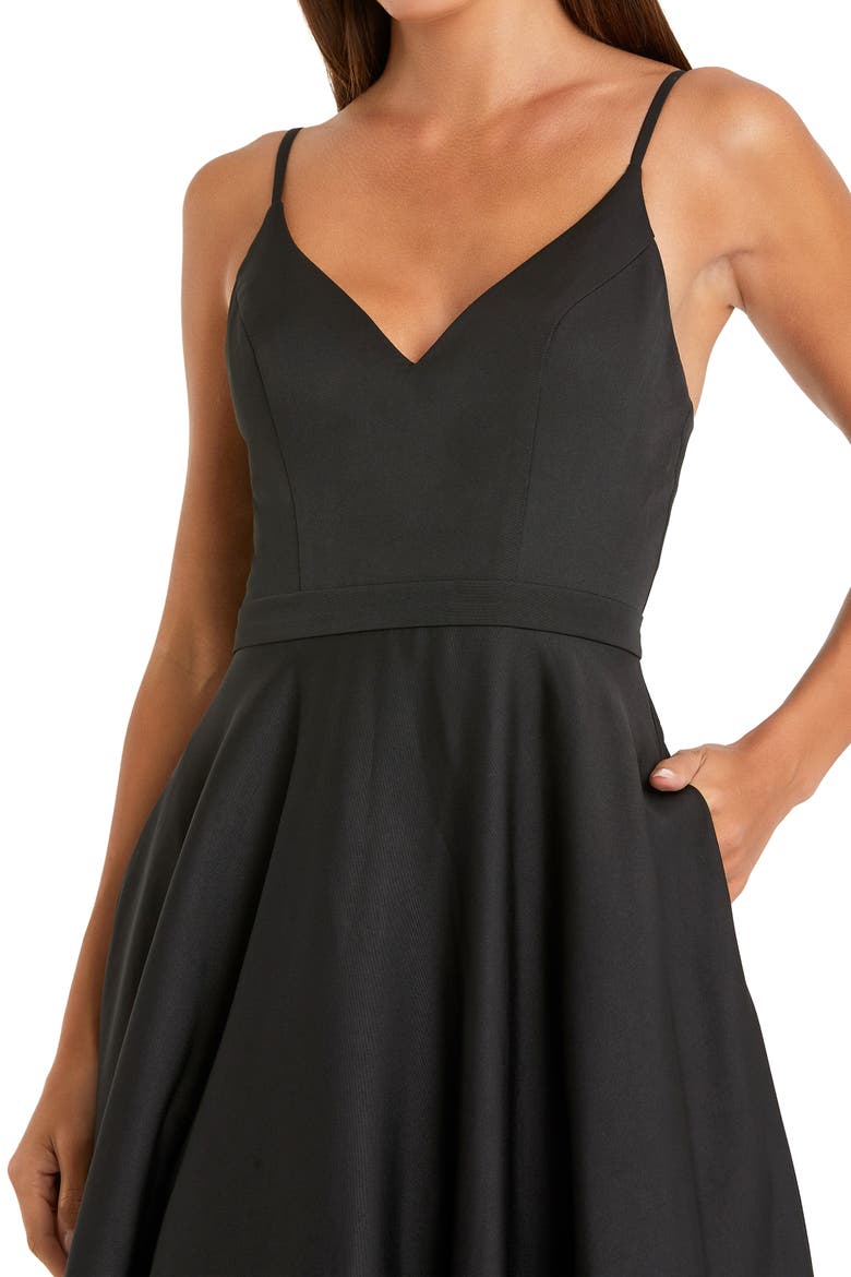 Petite V-Neck Ball Gown with Belted A-Line Skirt, Alternate, color, Black