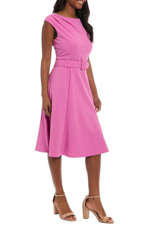 London Times Pleated Boat Neck Fit & Flare Dress In Pink