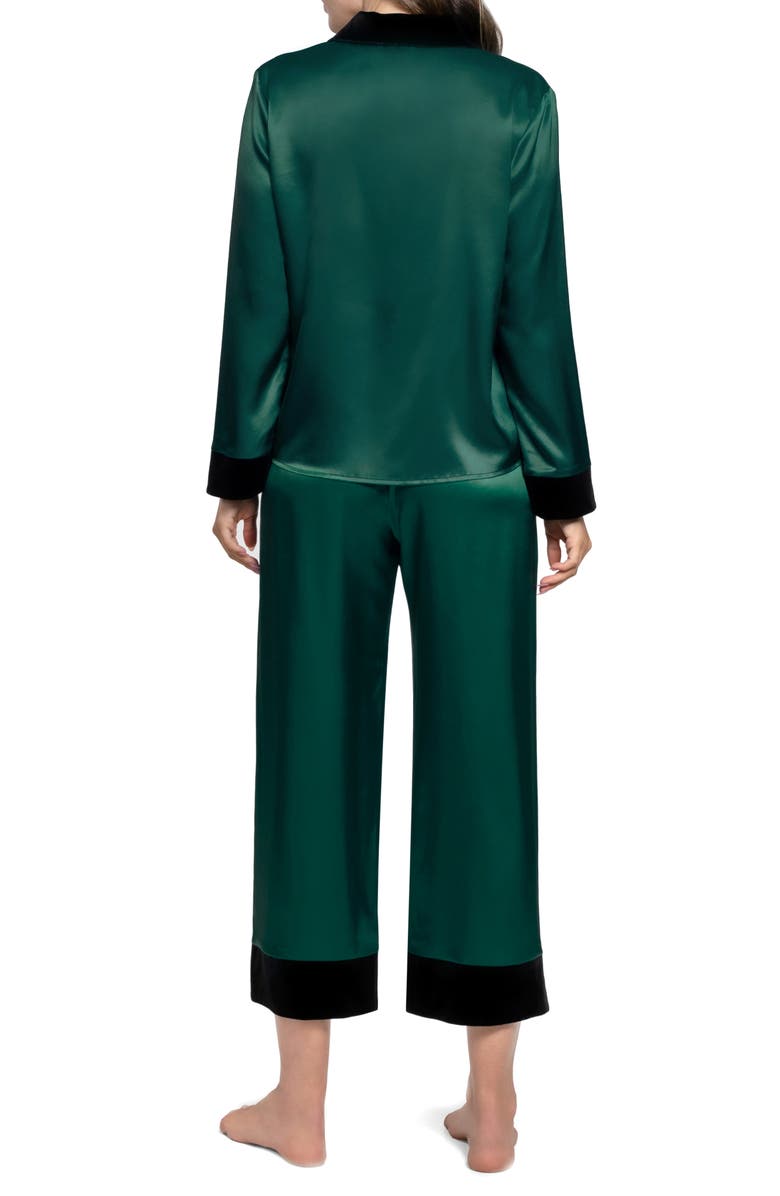 In Bloom by Jonquil Josie Velvet Trim Satin Crop Pajamas, Alternate, color, Winter Green