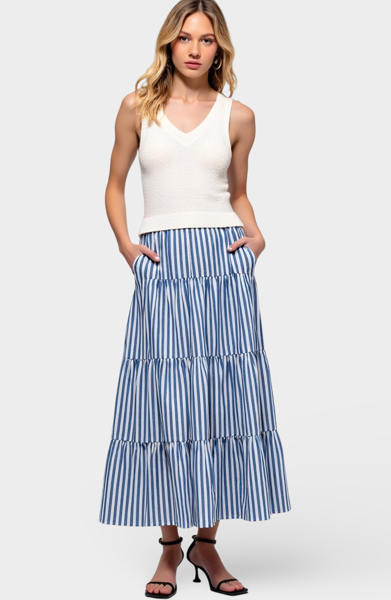Modenaire Striped Tiered A-Line Maxi Skirt with Side Pockets and Relaxed Fit, Alternate, color,