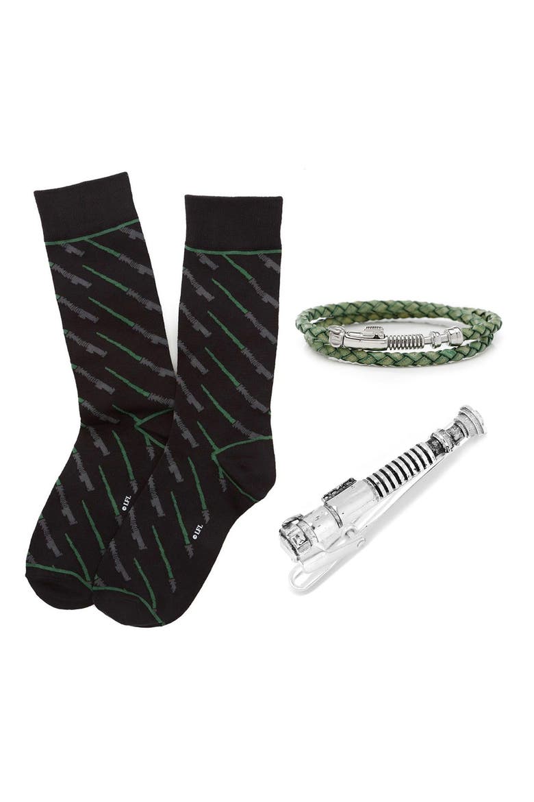 Luke Skywalker Lightsaber Socks, Bracelet & Tie Clip Set, Main, color, GREEN