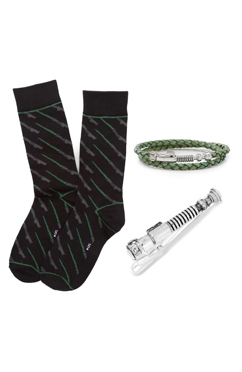 Cufflinks, Inc. Luke Skywalker Lightsaber Socks, Bracelet & Tie Clip Set, Main, color, Green