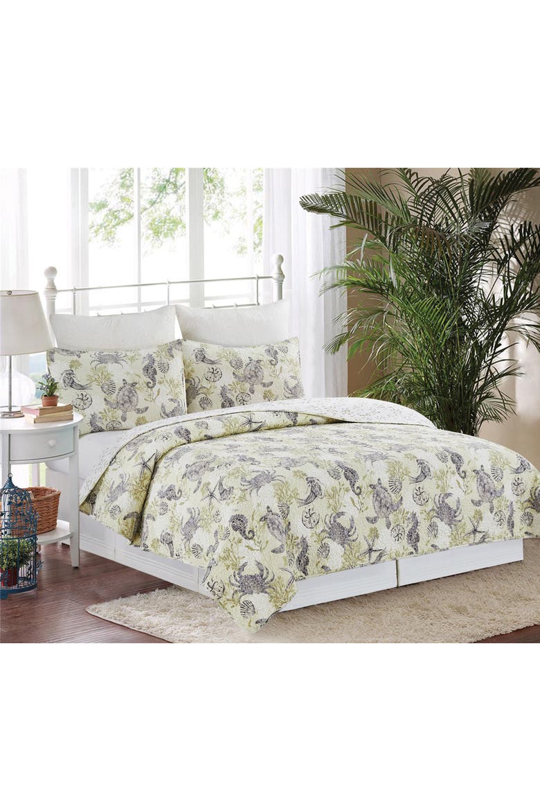 Cannon Beach Coastal Cotton Quilt Set  - Reversible and Machine Washable, Alternate, color, Green