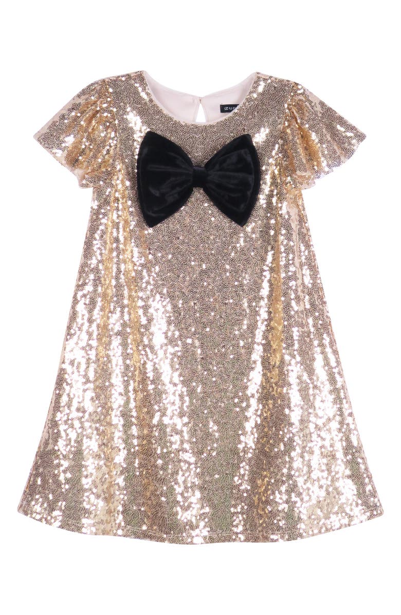 Zunie Kids' Sequin Flutter Sleeve Party Dress, Main, color, Gold/Black