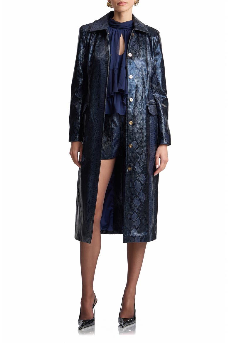 Snakeskin Embossed Faux Leather Belted Trench Coat, Alternate, color, NAVY PYTHON