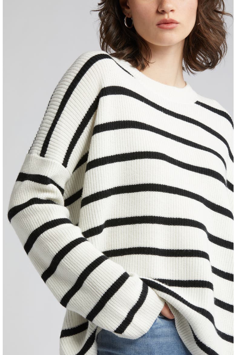 Stripe Oversize Organic Cotton & Wool Crewneck Sweater, Alternate, color, IVORY CLOUD- BLACK STRIPE