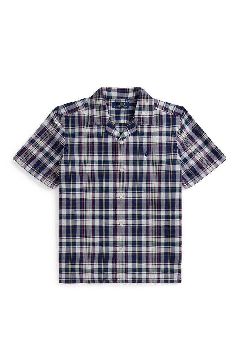 Kids' Classic Plaid Short Sleeve Cotton Button-Up Shirt, Main, color, WHITE BLUE MULTI