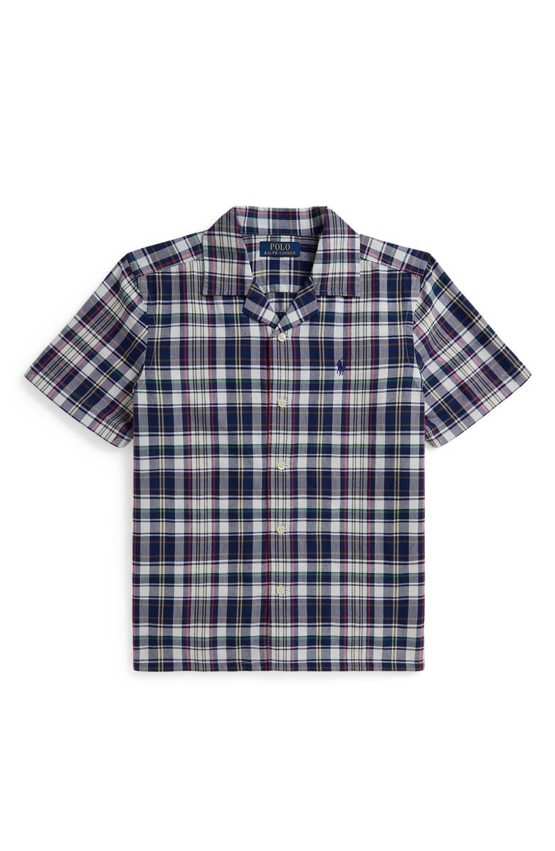 Polo Ralph Lauren Kids' Classic Plaid Short Sleeve Cotton Button-Up Shirt, Main, color, White Blue Multi