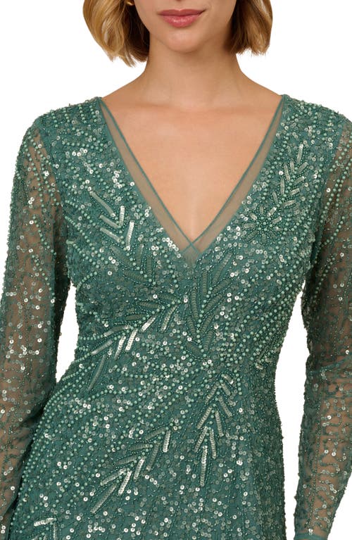 Adrianna Papell Beaded Long Sleeve Column Gown In Green Slate