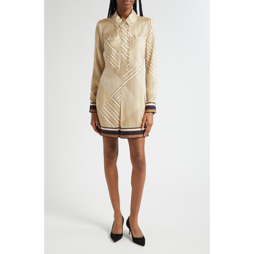 Veronica Beard Pryce Border Print Long Sleeve Silk Blend Shirtdress In Neutral
