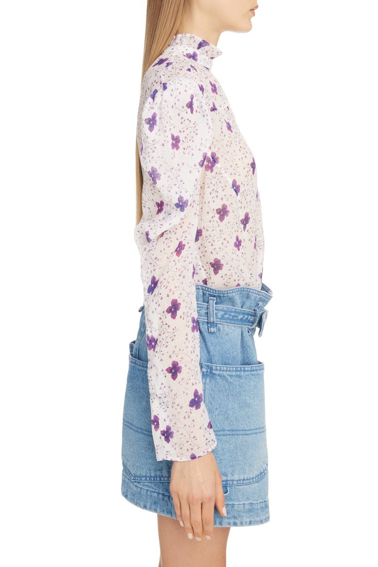 Floral Puff Shoulder Cotton & Silk Blouse, Alternate, color, WHITE