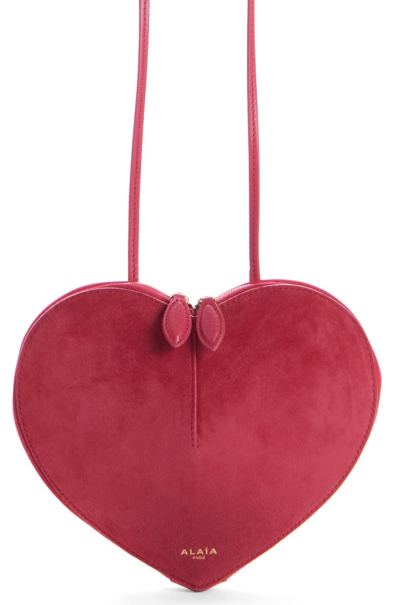 Alaïa Le Coeur Suede Crossbody Bag, Main, color, Framboise