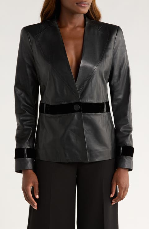 Velvet Trim Leather Blazer