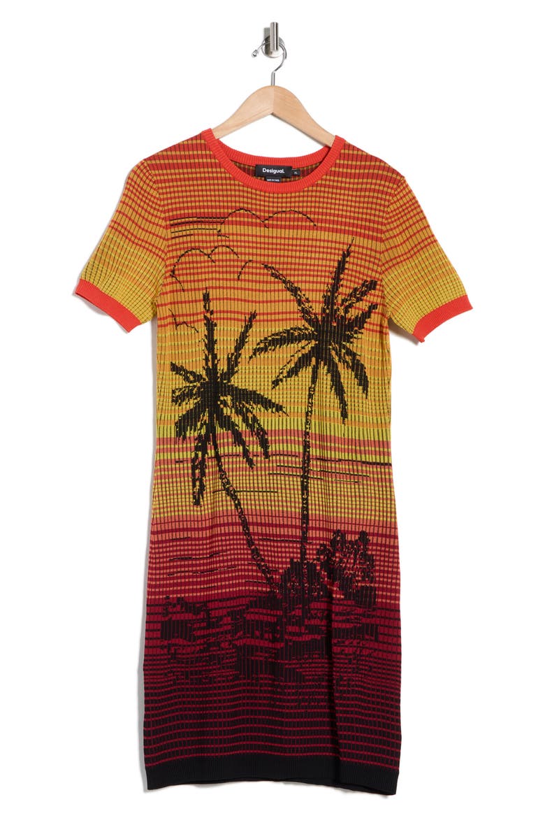 Palm Tree Short Sleeve Knit Minidress, Main, color, ORANGE