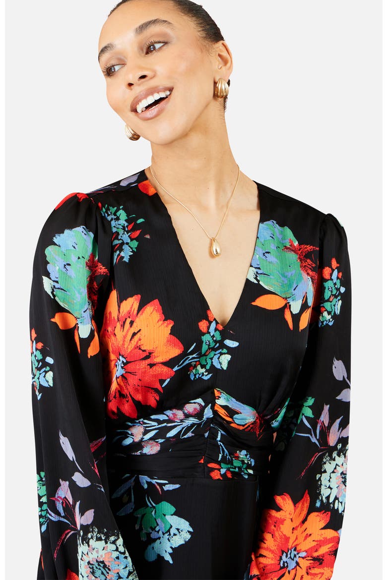 Long Sleeve Floral Midi Dress, Alternate, color, Black